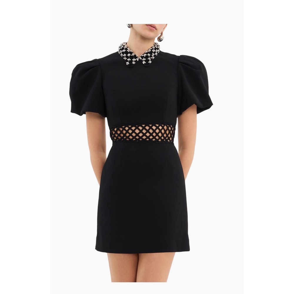 Rebecca Vallance Black‎ Puff Sleeve Embellished Collar Cutout Mini Dress
